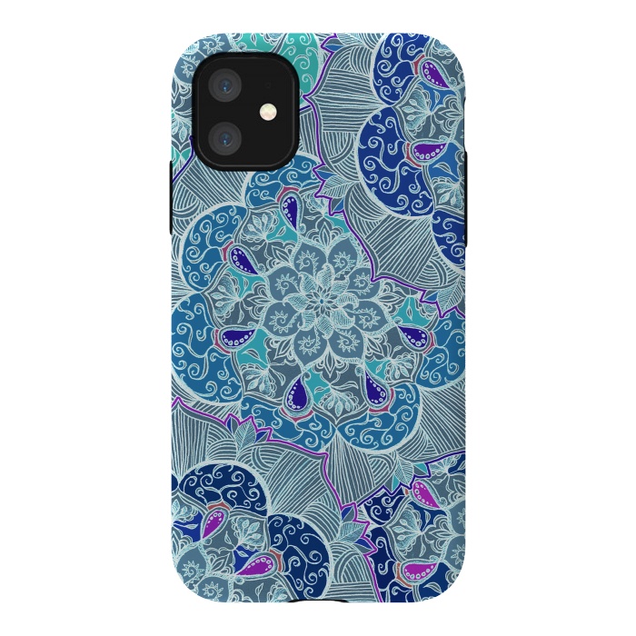 iPhone 11 StrongFit Fresh Doodle in Teal Blue, Purple and Grey by Micklyn Le Feuvre