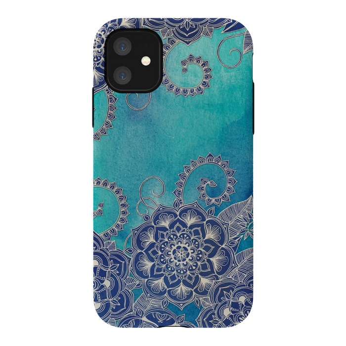 iPhone 11 StrongFit Mermaid's Garden - Navy & Teal Floral on Watercolor by Micklyn Le Feuvre