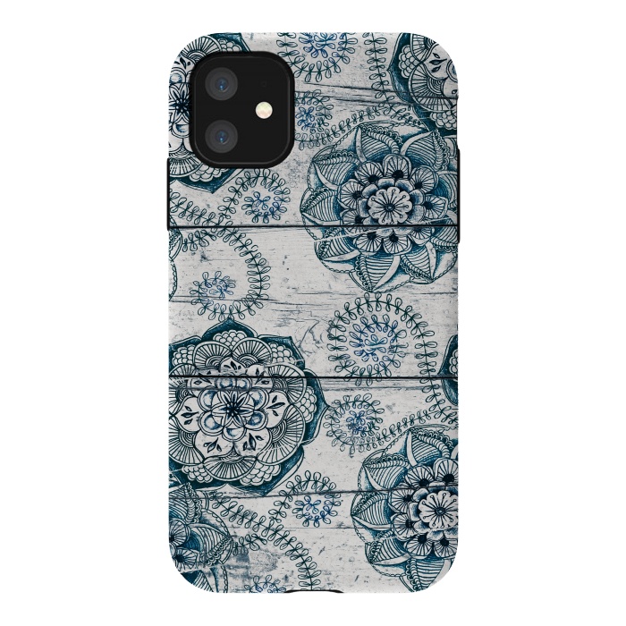 iPhone 11 StrongFit Navy Blue Floral Doodles on Wood by Micklyn Le Feuvre