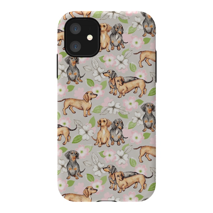 iPhone 11 StrongFit Dachshunds and dogwood blossoms by Micklyn Le Feuvre