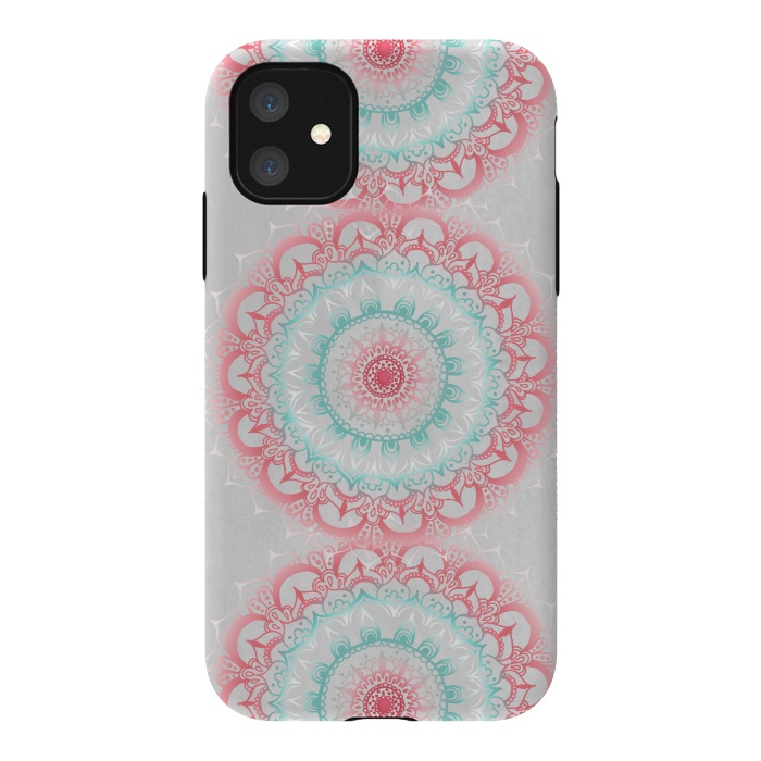 iPhone 11 StrongFit Faded Coral & Mint Mandalas on Grey by Tangerine-Tane