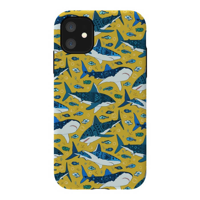iPhone 11 StrongFit Tribal Sharks & Fish On Mustard by Tigatiga