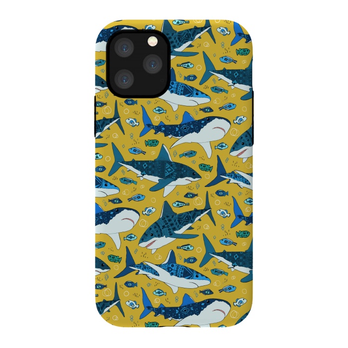 iPhone 11 Pro StrongFit Tribal Sharks & Fish On Mustard by Tigatiga