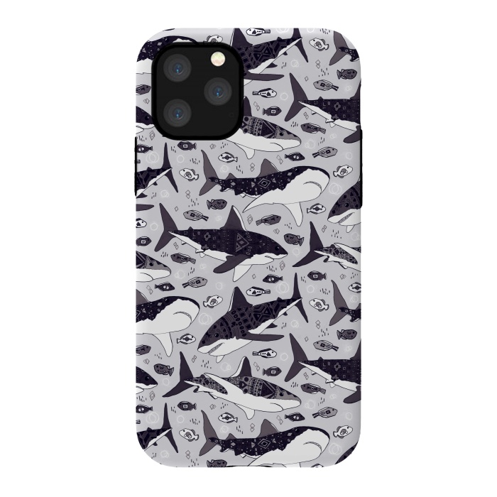 iPhone 11 Pro StrongFit Black & White Tribal Sharks & Fish  by Tigatiga