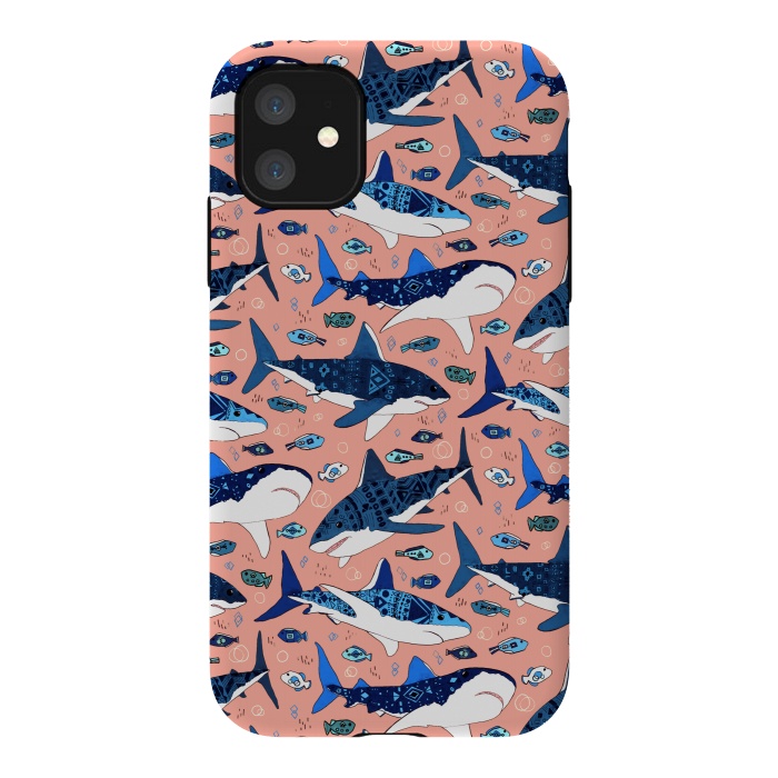 iPhone 11 StrongFit Tribal Sharks & Fish On Pink by Tigatiga