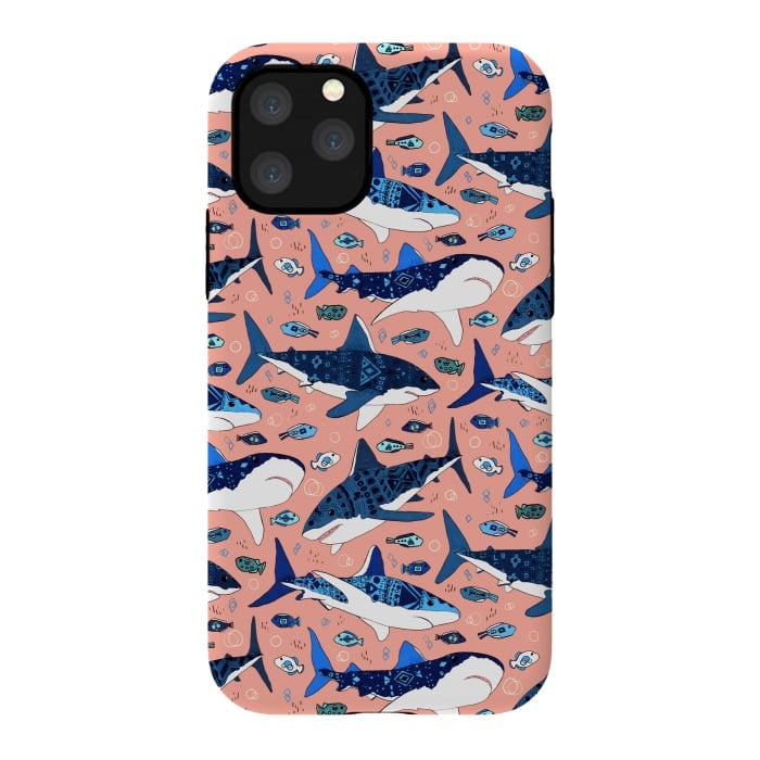 iPhone 11 Pro StrongFit Tribal Sharks & Fish On Pink by Tigatiga