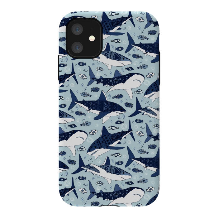 iPhone 11 StrongFit Tribal Sharks & Fish On Baby Blue  by Tigatiga