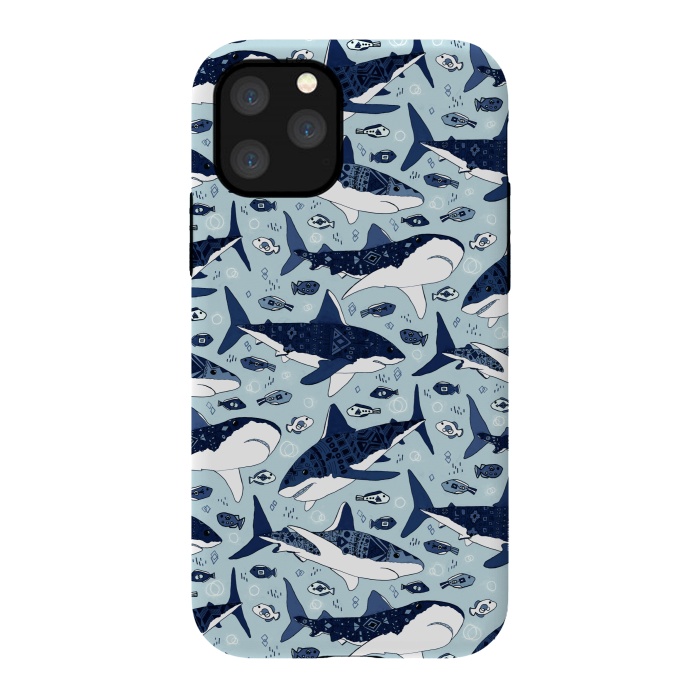 iPhone 11 Pro StrongFit Tribal Sharks & Fish On Baby Blue  by Tigatiga