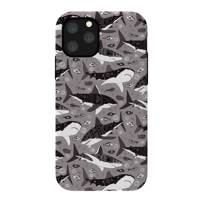 iPhone 11 Pro StrongFit Tribal Sharks & Fish On Grey  by Tigatiga