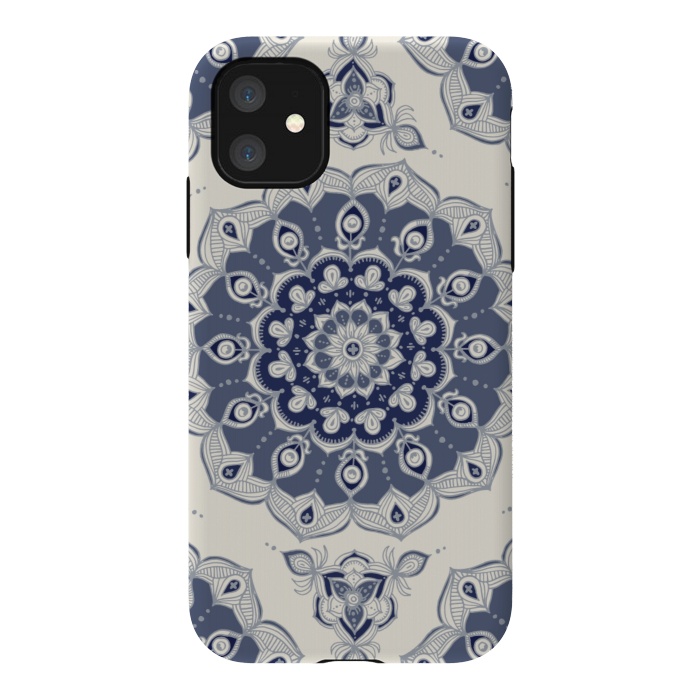 iPhone 11 StrongFit Grey Blue Monochrome Floral Mandala by Micklyn Le Feuvre
