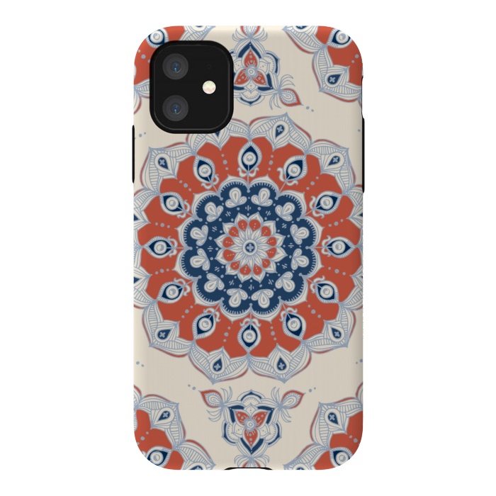 iPhone 11 StrongFit Red, Blue and Cream Floral Mandala by Micklyn Le Feuvre