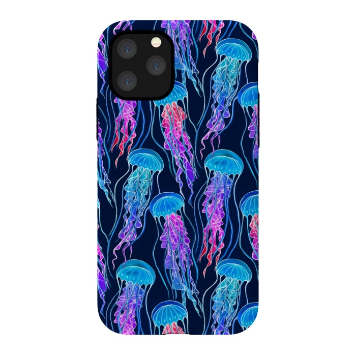 iPhone 11 Pro StrongFit Luminescent Rainbow Jellyfish on Navy Blue by Micklyn Le Feuvre