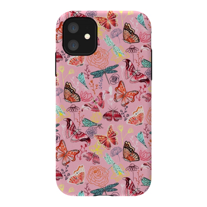 iPhone 11 StrongFit Butterflies, Dragonflies and Moths on Pink  by Tigatiga