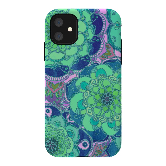 iPhone 11 StrongFit Fantasy Flowers in Mint Green & Purple by Micklyn Le Feuvre