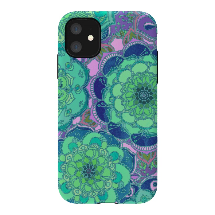 iPhone 11 StrongFit Fantasy Flowers in Mint Green & Purple 2 by Micklyn Le Feuvre