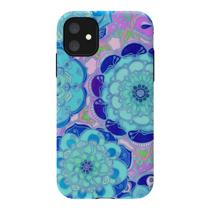 iPhone 11 StrongFit Radiant Cyan & Purple Stained Glass Floral Mandalas by Micklyn Le Feuvre