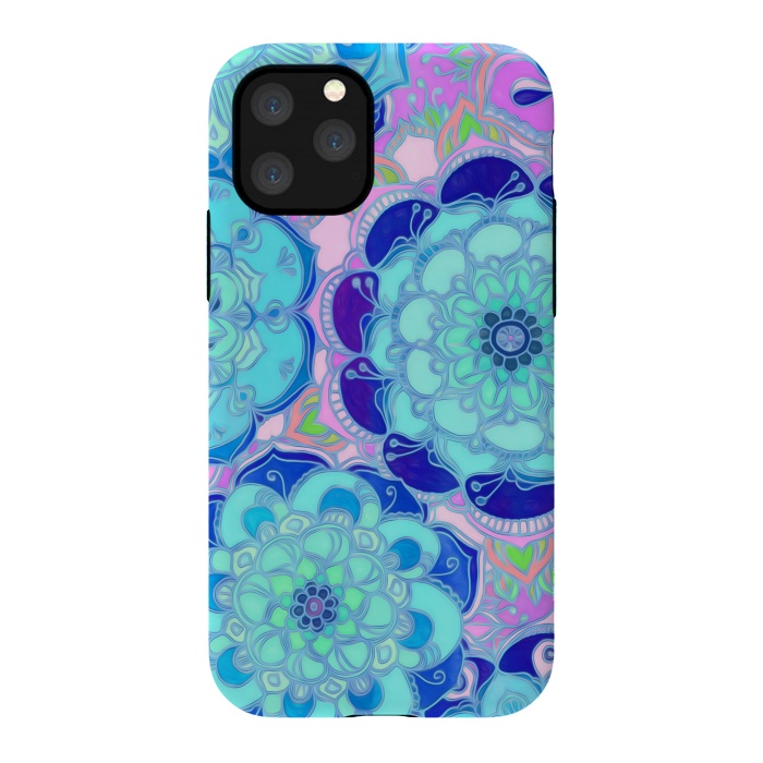 iPhone 11 Pro StrongFit Radiant Cyan & Purple Stained Glass Floral Mandalas by Micklyn Le Feuvre