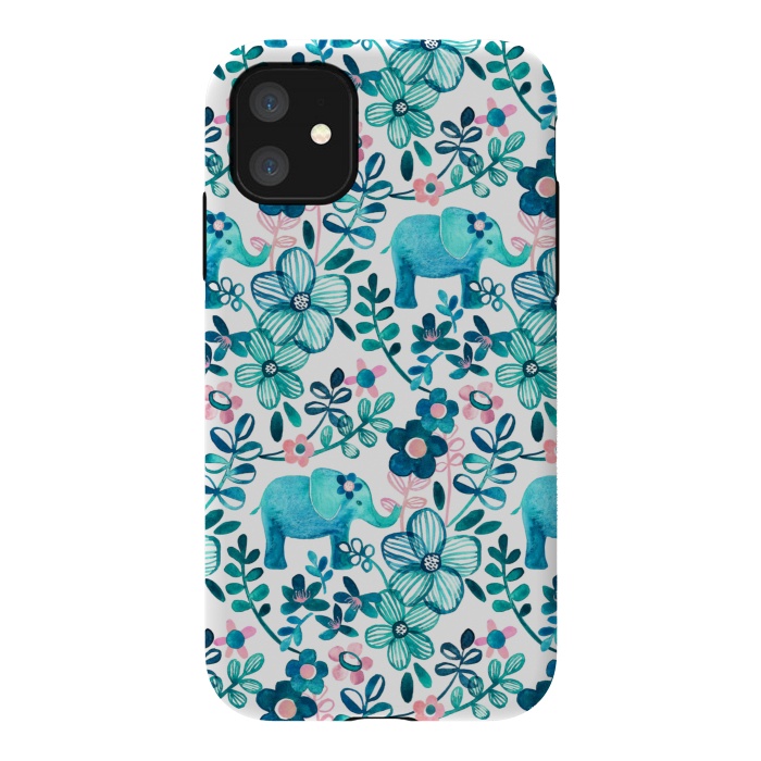 iPhone 11 StrongFit Little Teal Elephant Watercolor Floral on White by Micklyn Le Feuvre
