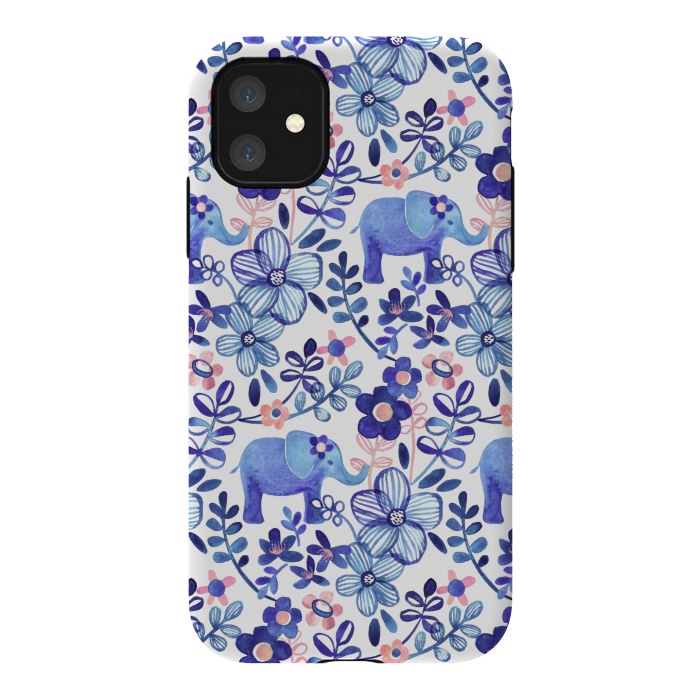 iPhone 11 StrongFit Little Purple Elephant Watercolor Floral on White by Micklyn Le Feuvre