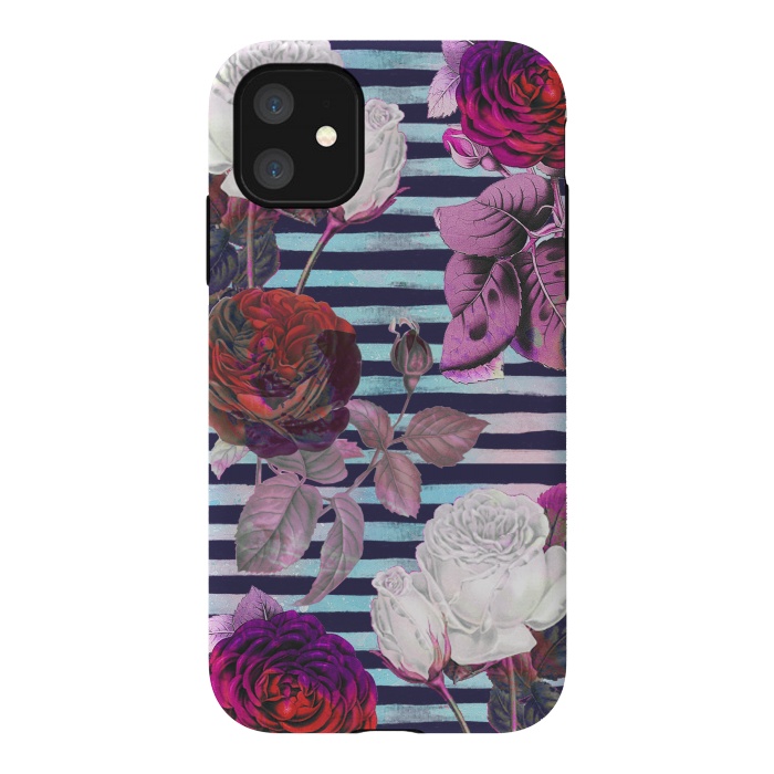 iPhone 11 StrongFit Roses on blue watercolor stripes botanical illustration by Oana 