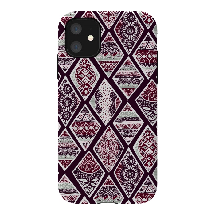 iPhone 11 StrongFit Tribal Diamonds On Red, White & Sage  by Tigatiga