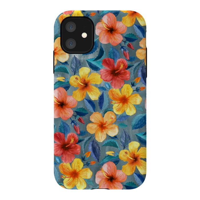 iPhone 11 StrongFit Bright Little Summer Hibiscus Blooms in Watercolor by Micklyn Le Feuvre
