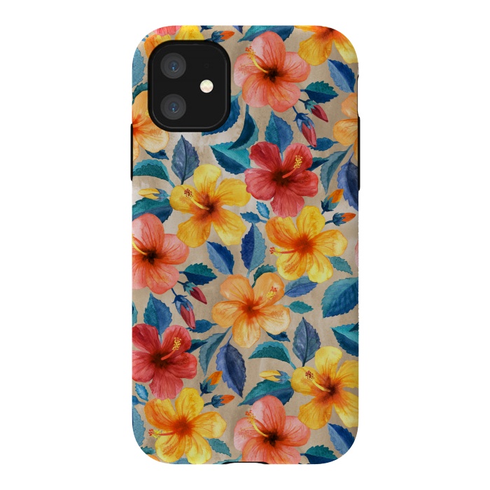 iPhone 11 StrongFit Little Tropical Hibiscus Blooms in Watercolor by Micklyn Le Feuvre