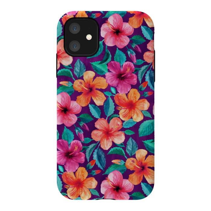 iPhone 11 StrongFit Little Bright Hibiscus Blooms in Watercolor on Purple by Micklyn Le Feuvre