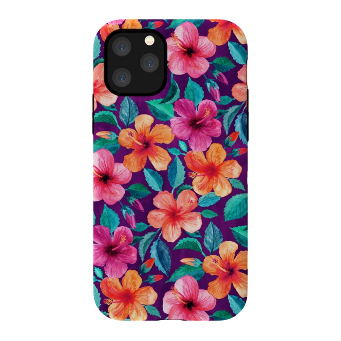 iPhone 11 Pro StrongFit Little Bright Hibiscus Blooms in Watercolor on Purple by Micklyn Le Feuvre