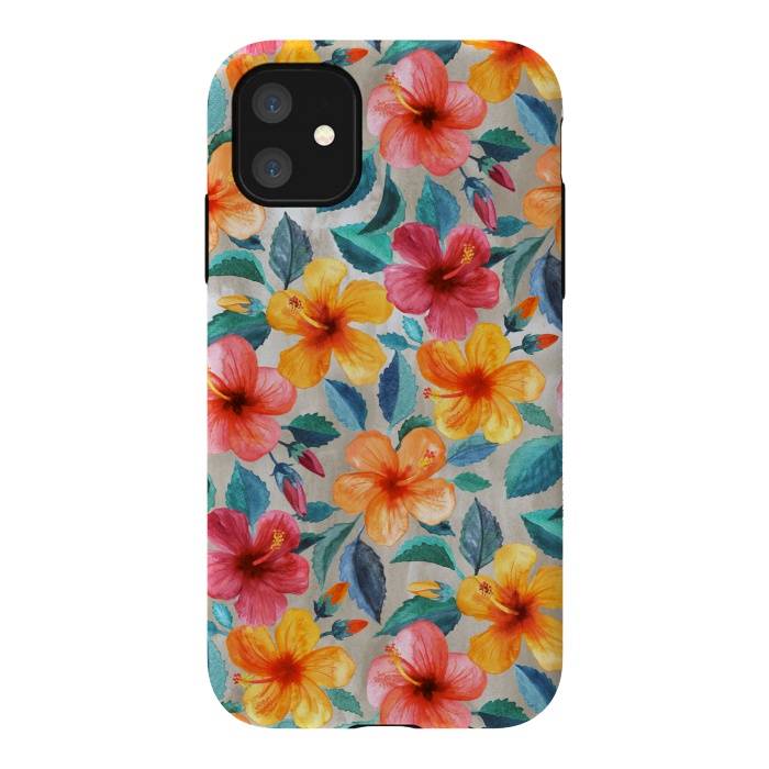 iPhone 11 StrongFit Little Tropical Hawaiian Hibiscus Blooms in Watercolor by Micklyn Le Feuvre