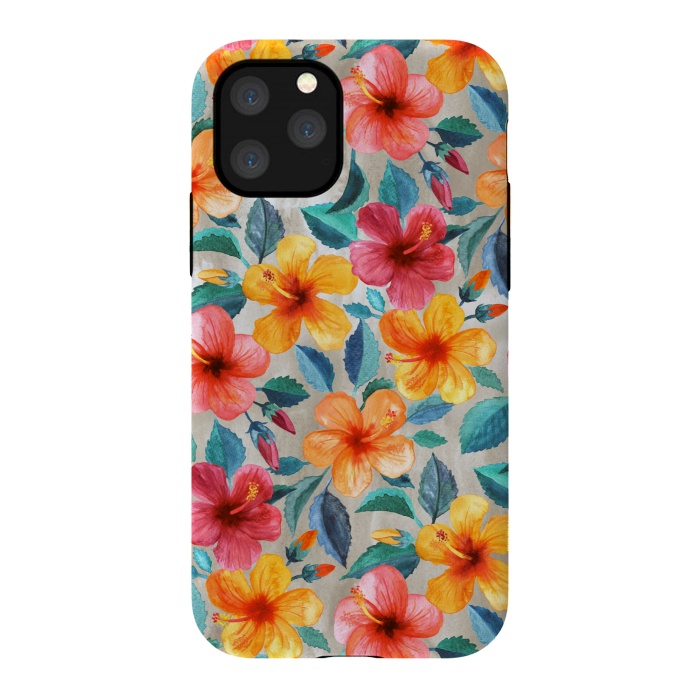 iPhone 11 Pro StrongFit Little Tropical Hawaiian Hibiscus Blooms in Watercolor by Micklyn Le Feuvre
