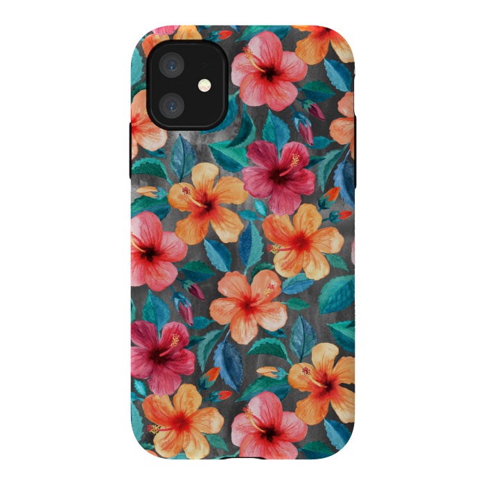 iPhone 11 StrongFit Colorful Little Tropical Hibiscus Blooms by Micklyn Le Feuvre