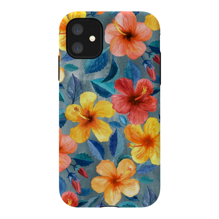 iPhone 11 StrongFit Bright Summer Hibiscus Blooms in Watercolor by Micklyn Le Feuvre