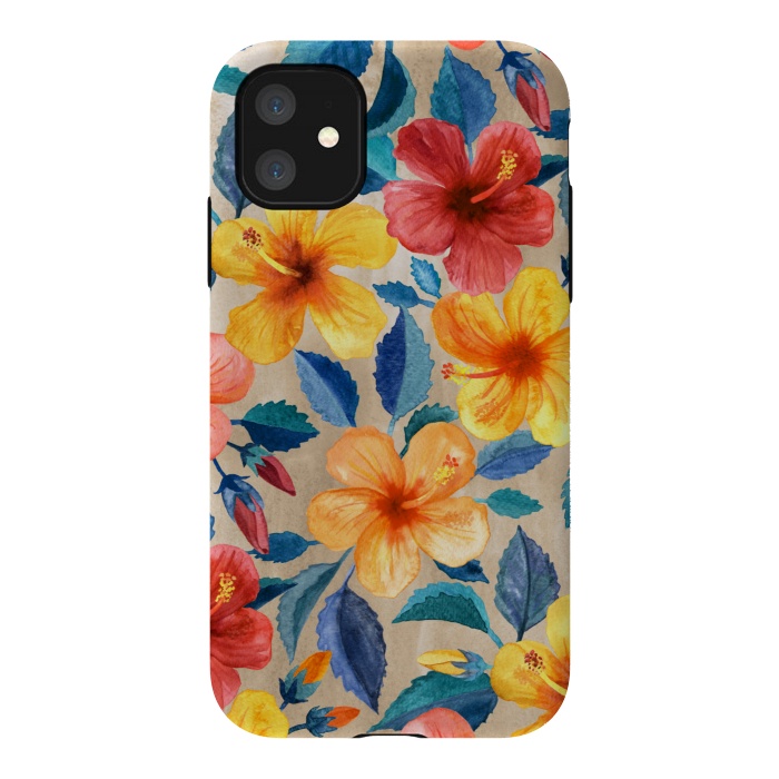 iPhone 11 StrongFit Tropical Hibiscus Blooms in Watercolor by Micklyn Le Feuvre