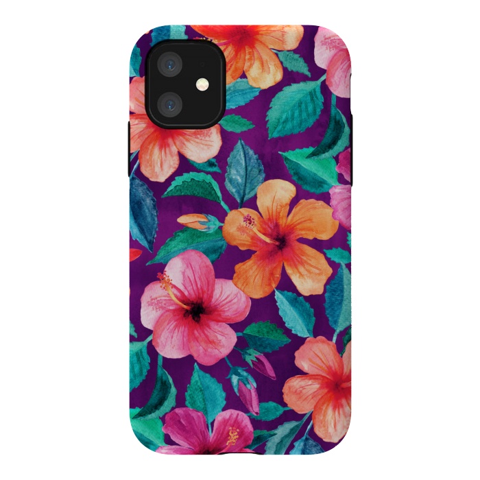 iPhone 11 StrongFit Bright Hibiscus Blooms in Watercolor on Purple by Micklyn Le Feuvre