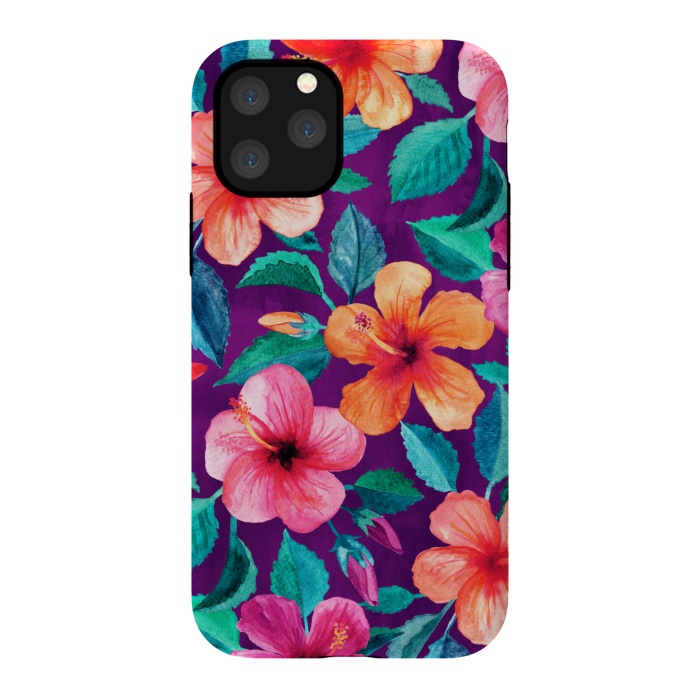 iPhone 11 Pro StrongFit Bright Hibiscus Blooms in Watercolor on Purple by Micklyn Le Feuvre