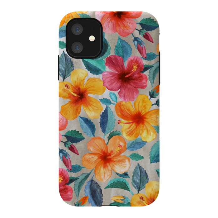 iPhone 11 StrongFit Tropical Hawaiian Hibiscus Blooms in Watercolor by Micklyn Le Feuvre