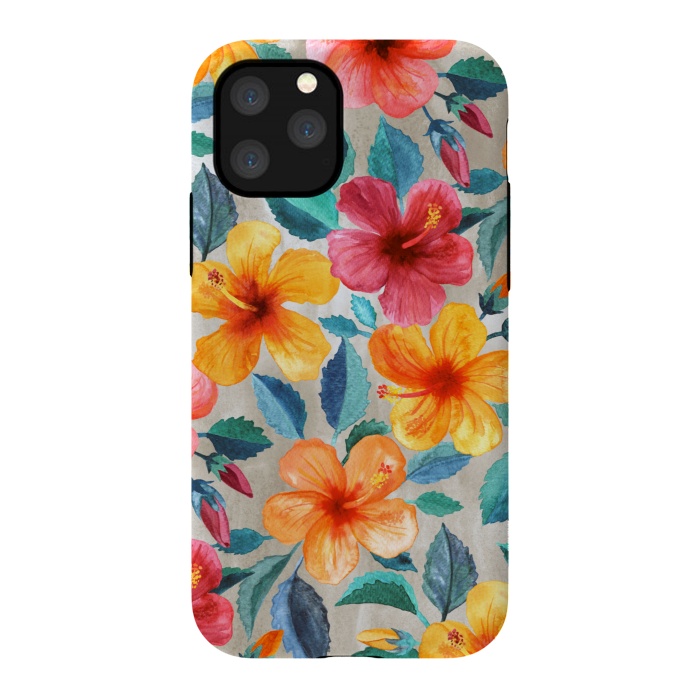 iPhone 11 Pro StrongFit Tropical Hawaiian Hibiscus Blooms in Watercolor by Micklyn Le Feuvre