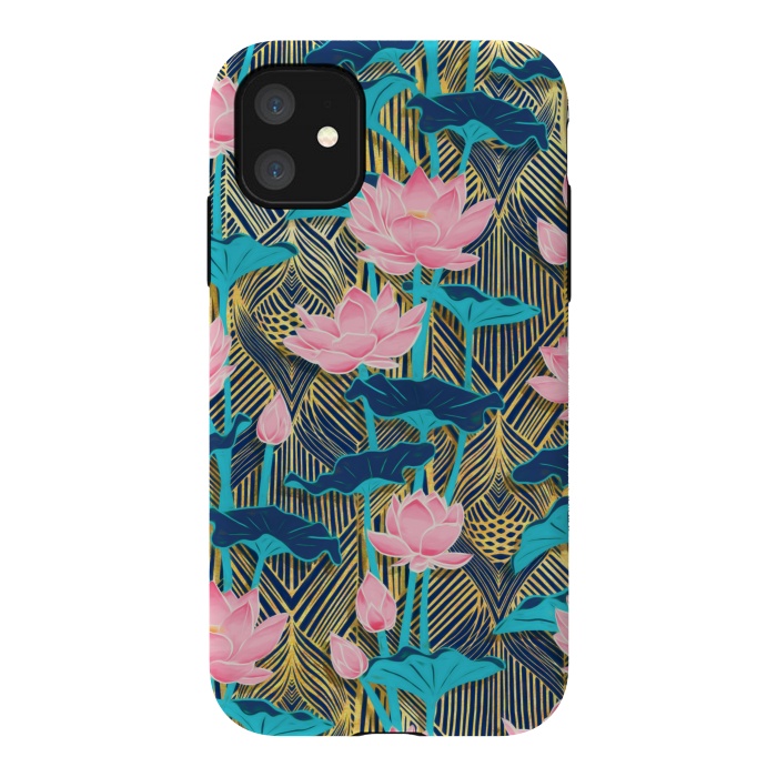 iPhone 11 StrongFit Art Deco Lotus Flowers in Pink & Navy by Micklyn Le Feuvre