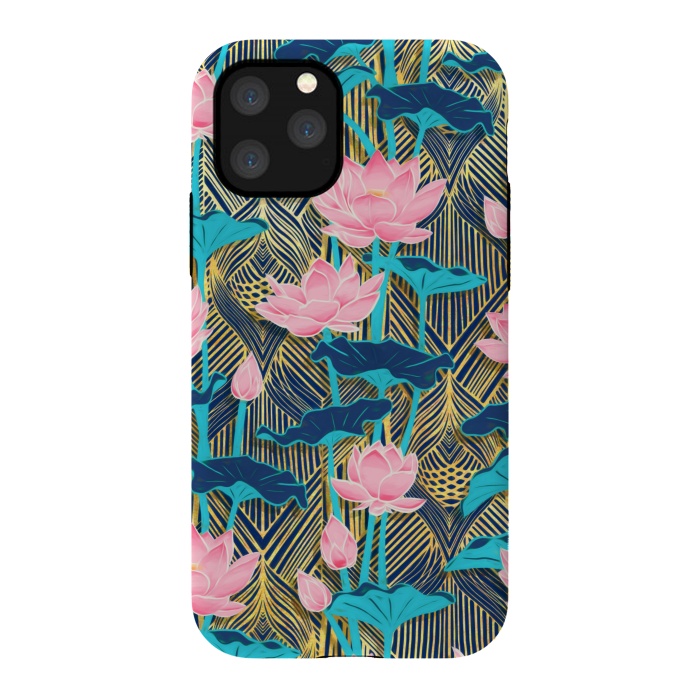 iPhone 11 Pro StrongFit Art Deco Lotus Flowers in Pink & Navy by Micklyn Le Feuvre