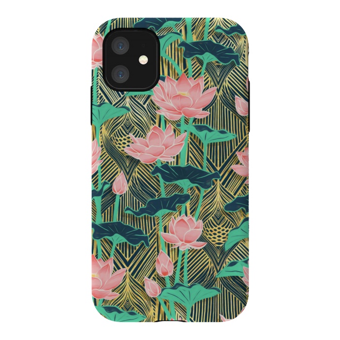 iPhone 11 StrongFit Art Deco Lotus Flowers in Peach & Emerald by Micklyn Le Feuvre