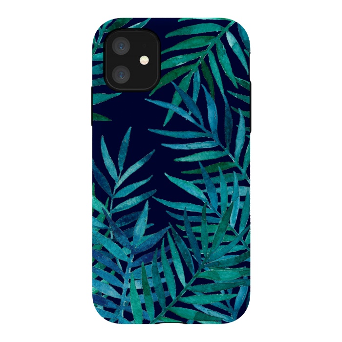 iPhone 11 StrongFit Watercolor Palm Leaves on Navy Blue by Micklyn Le Feuvre