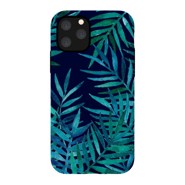 iPhone 11 Pro StrongFit Watercolor Palm Leaves on Navy Blue by Micklyn Le Feuvre