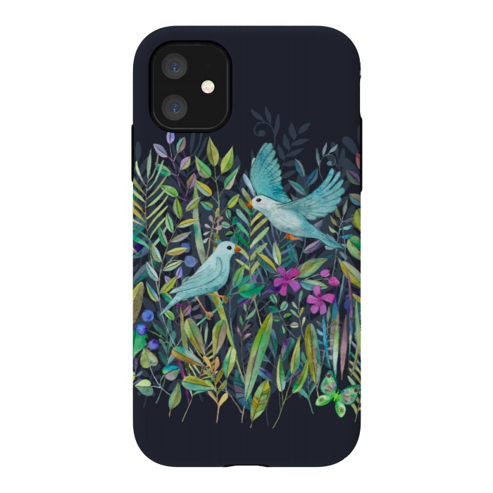 iPhone 11 StrongFit Little Garden Birds in Watercolor by Micklyn Le Feuvre