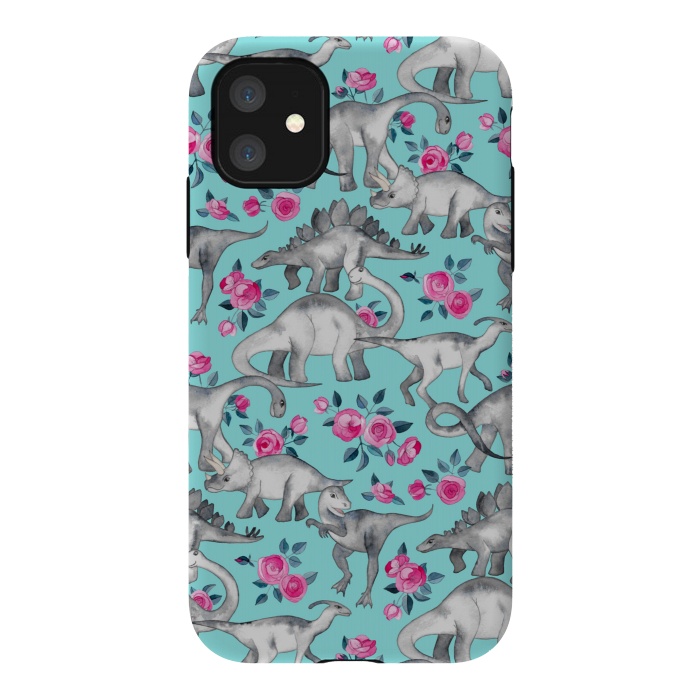 iPhone 11 StrongFit Dinosaurs and Roses on Turquoise by Micklyn Le Feuvre