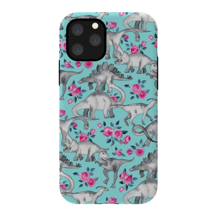 iPhone 11 Pro StrongFit Dinosaurs and Roses on Turquoise by Micklyn Le Feuvre