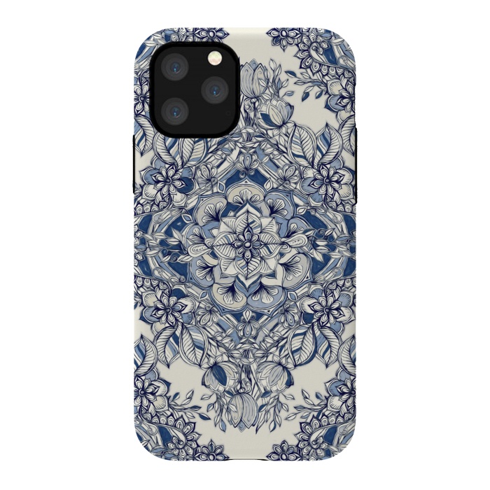 iPhone 11 Pro StrongFit Floral Diamond Doodle in Dark Blue and Cream by Micklyn Le Feuvre
