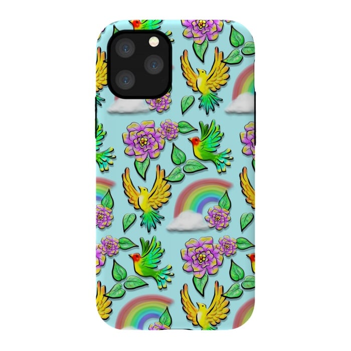 iPhone 11 Pro StrongFit Birds Flowers and Rainbows Doodle Pattern by BluedarkArt