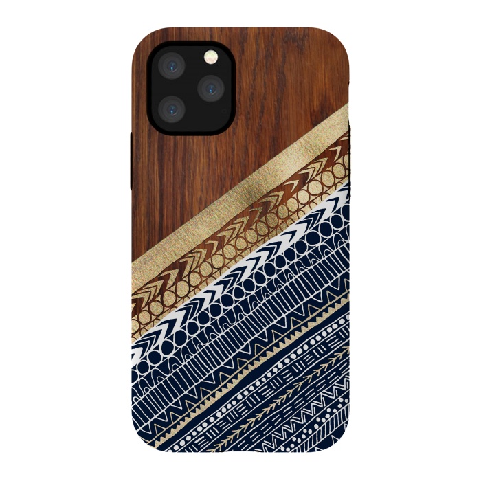 iPhone 11 Pro StrongFit Navy & Gold Tribal on Wood by Tangerine-Tane