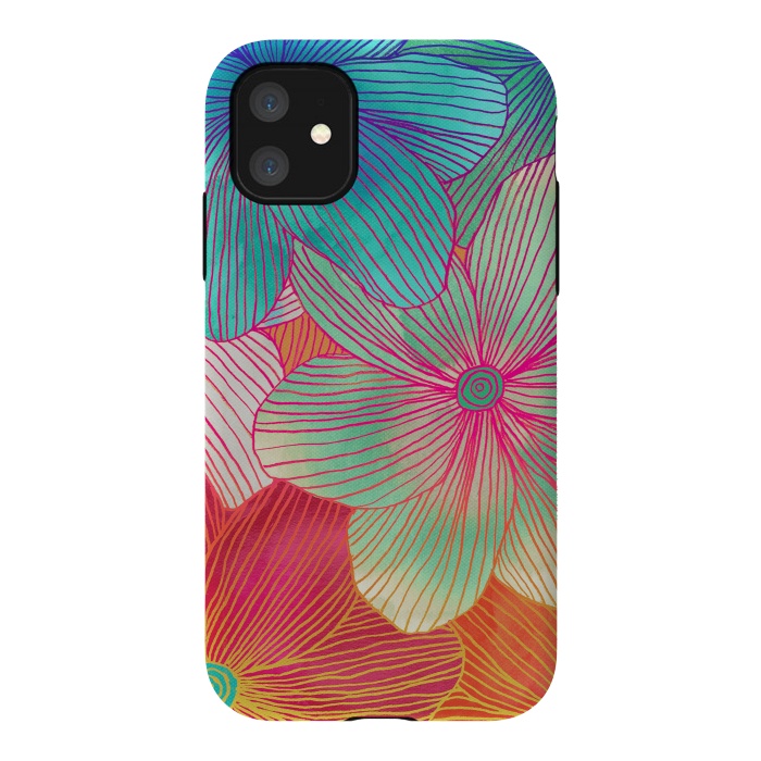iPhone 11 StrongFit Between the Lines - tropical flowers in pink, orange, blue & mint by Micklyn Le Feuvre